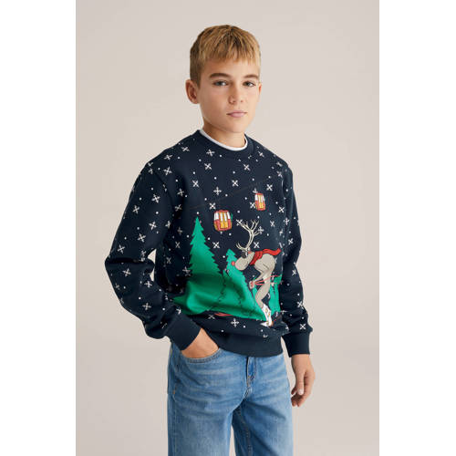 WE Fashion kersttrui donkerblauw Sweater Printopdruk