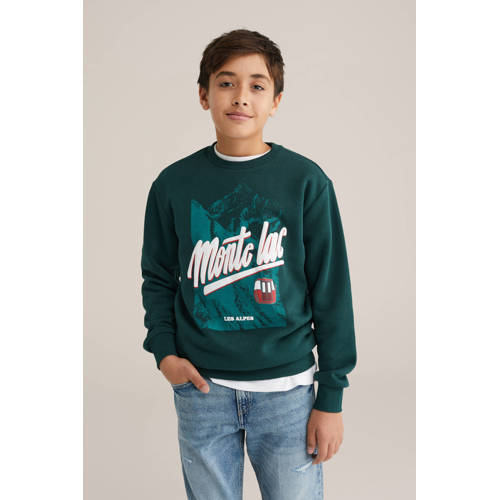WE Fashion sweater donkergroen Zwart Printopdruk - maat 170/176 afbeelding