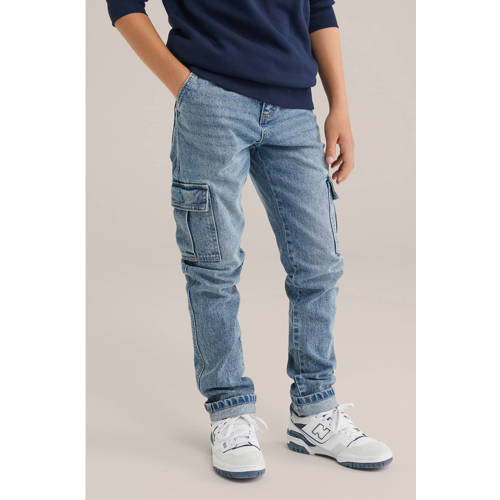 WE Fashion Blue Ridge tapered cargo jeans light blue denim Blauw Effen - maat 158 afbeelding