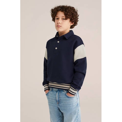 WE Fashion Blue Ridge sweater donkerblauw Effen