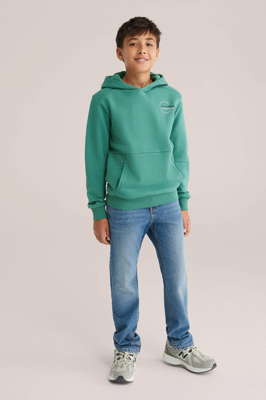 Donkergroene jongens WE Fashion Blue Ridge hoodie van sweat materiaal met effen, lange mouwen en capuchon