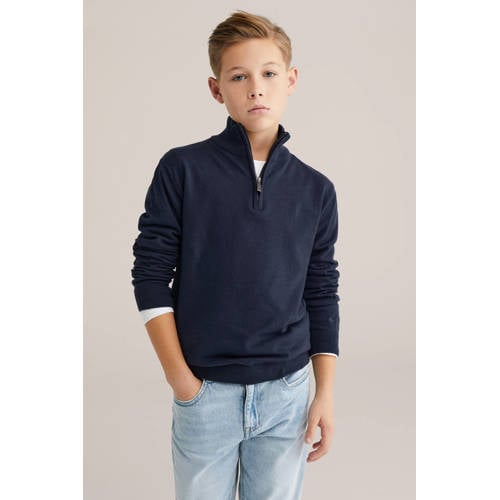WE Fashion trui marine fijn gebreid Blauw Jongens Katoen Schipperskraag - maat 122/128 afbeelding