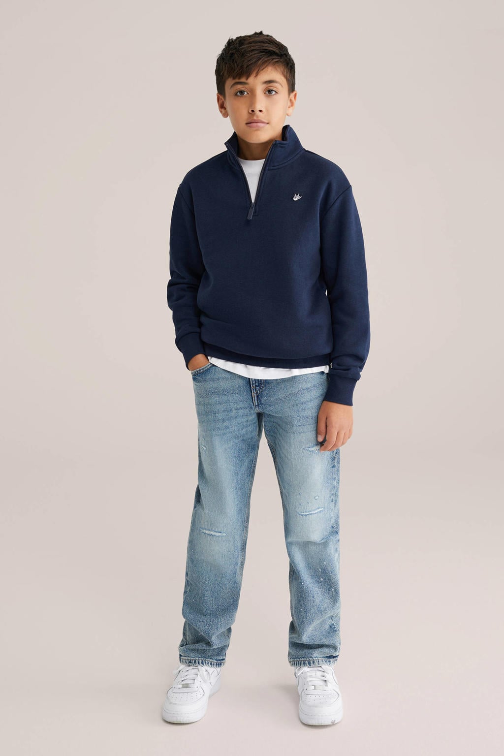 Donkerblauwe jongens WE Fashion Blue Ridge sweater met effen, lange mouwen, opstaande kraag, halve rits en geribde boorden