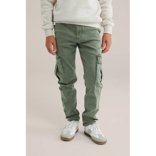 WE Fashion Blue Ridge tapered cargo jeans donkergroen Jongens Katoen Effen