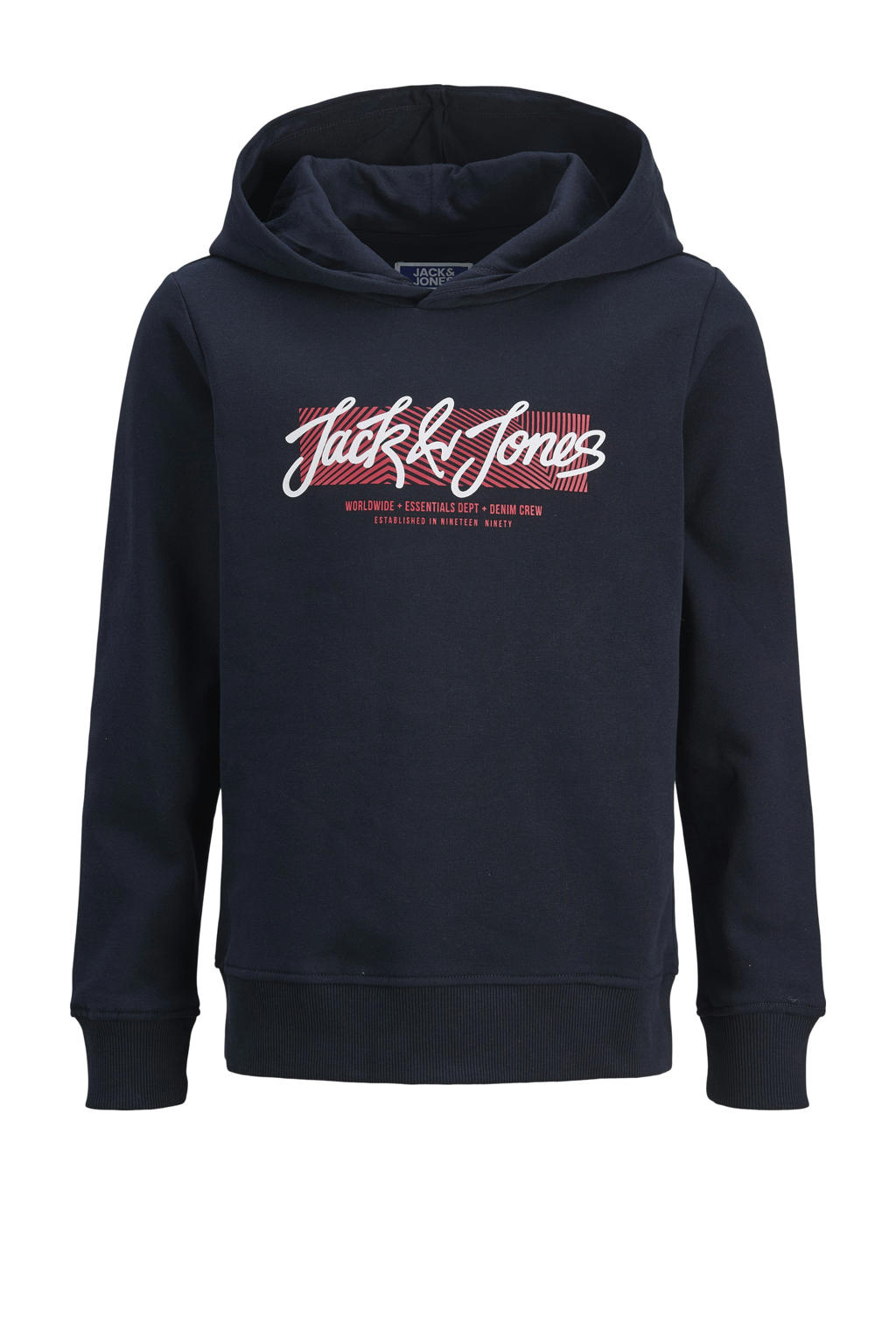 Donkerblauwe jongens JACK & JONES JUNIOR hoodie van sweat materiaal met logo dessin, lange mouwen en capuchon