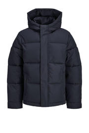 thumbnail: Donkerblauwe jongens JACK & JONES JUNIOR gewatteerde jas van polyester met effen, lange mouwen, capuchon, rits- en drukknoopsluiting en gebreide details