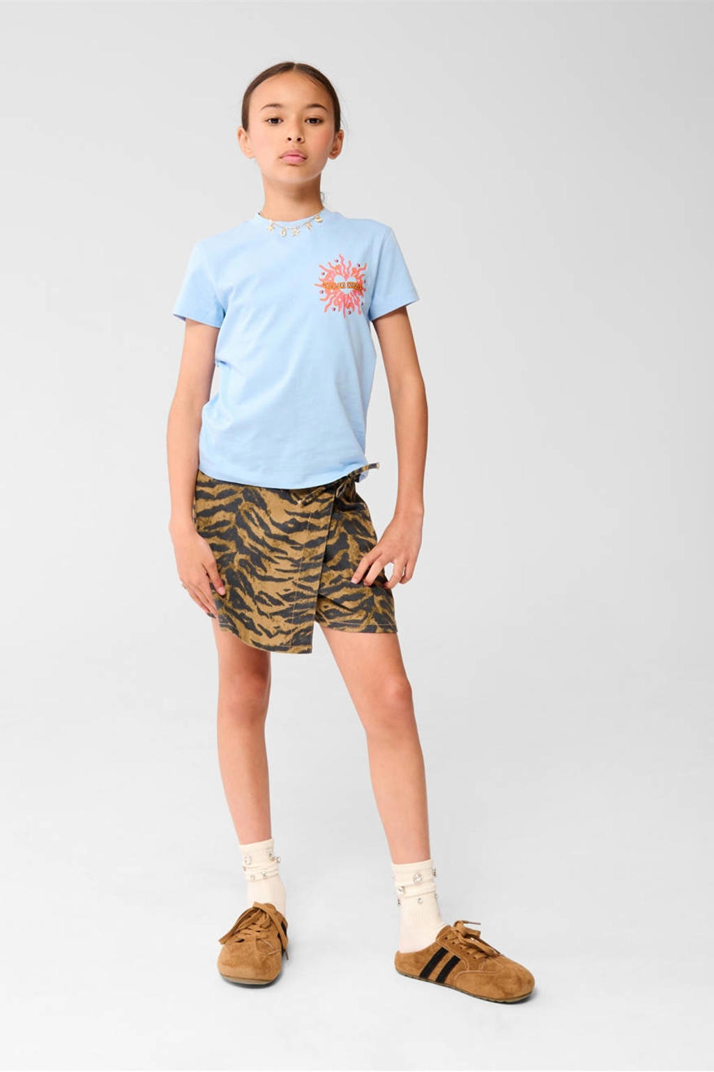 Blauwe meisjes Shoeby T-shirt van katoen met printopdruk, korte mouwen en ronde hals