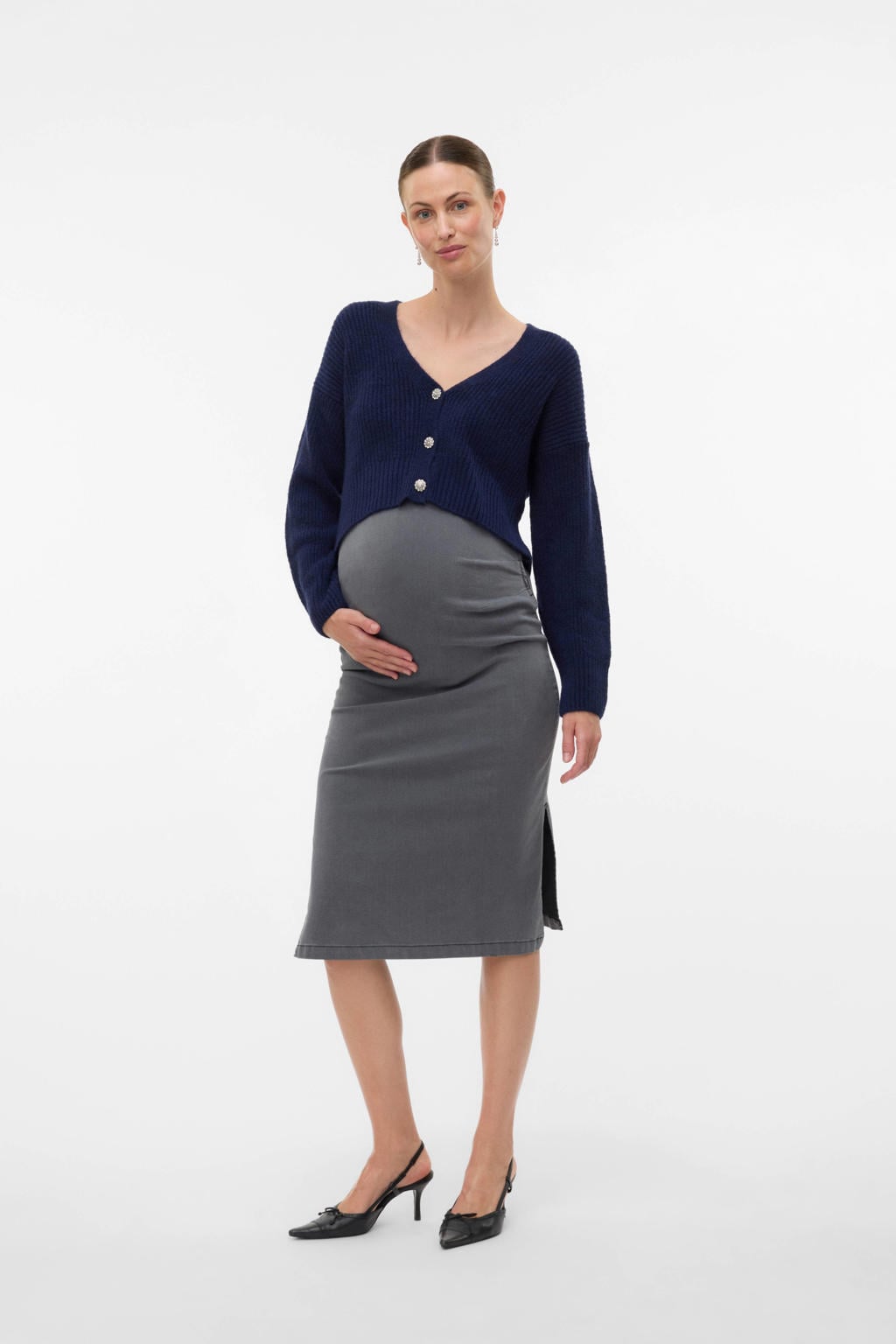 Donkerblauwe dames MAMALICIOUS zwangerschaps cardigan rib gebreid van acryl met effen, lange mouwen, V-hals en knoopsluiting
