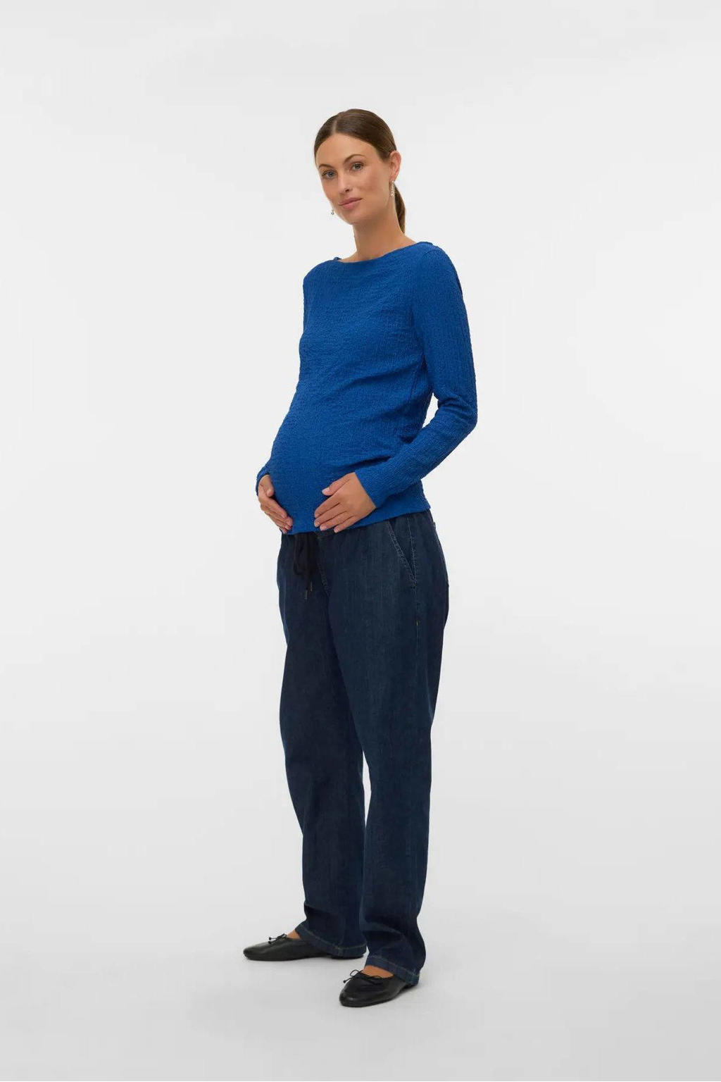 Blauwe dames MAMALICIOUS zwangerschaps top van polyester met effen, lange mouwen en ronde hals