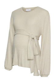 thumbnail: Beige dames MAMALICIOUS zwangerschaps top fijn gebreid van viscose met effen, lange mouwen, ronde hals en ceintuur