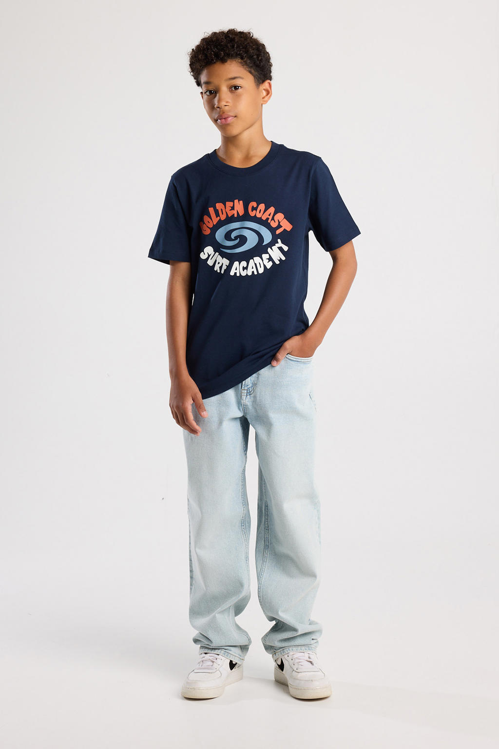 Donkerblauwe jongens America Today T-shirt van katoen met printopdruk, korte mouwen en ronde hals