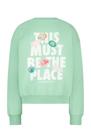thumbnail: Mintgroene meisjes America Today sweater met backprint, lange mouwen, ronde hals en geribde boorden