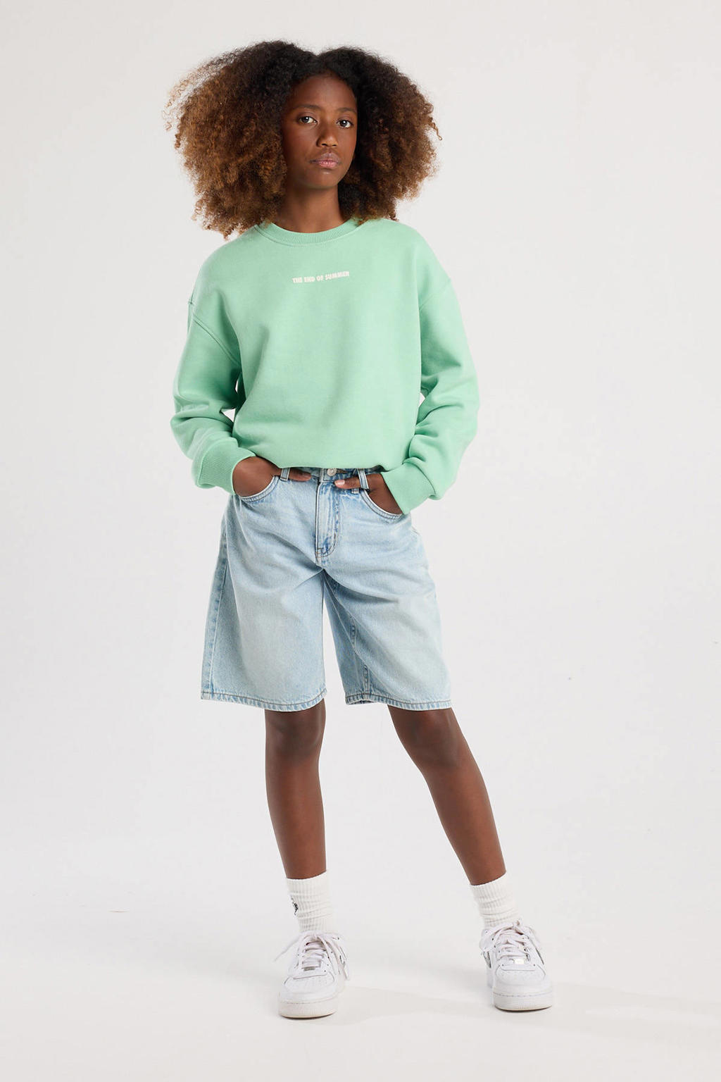 Mintgroene meisjes America Today sweater met backprint, lange mouwen, ronde hals en geribde boorden