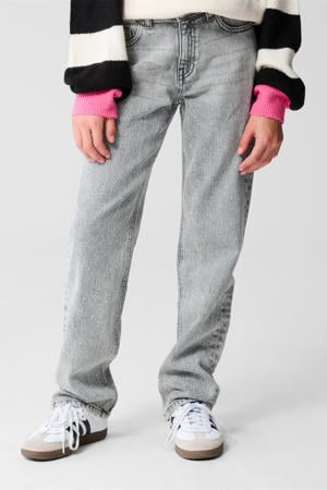 straight high waist jeans met strass steentjes grey denim