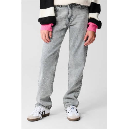 Shoeby straight high waist jeans met strass steentjes grey denim Grijs Meisjes Katoen