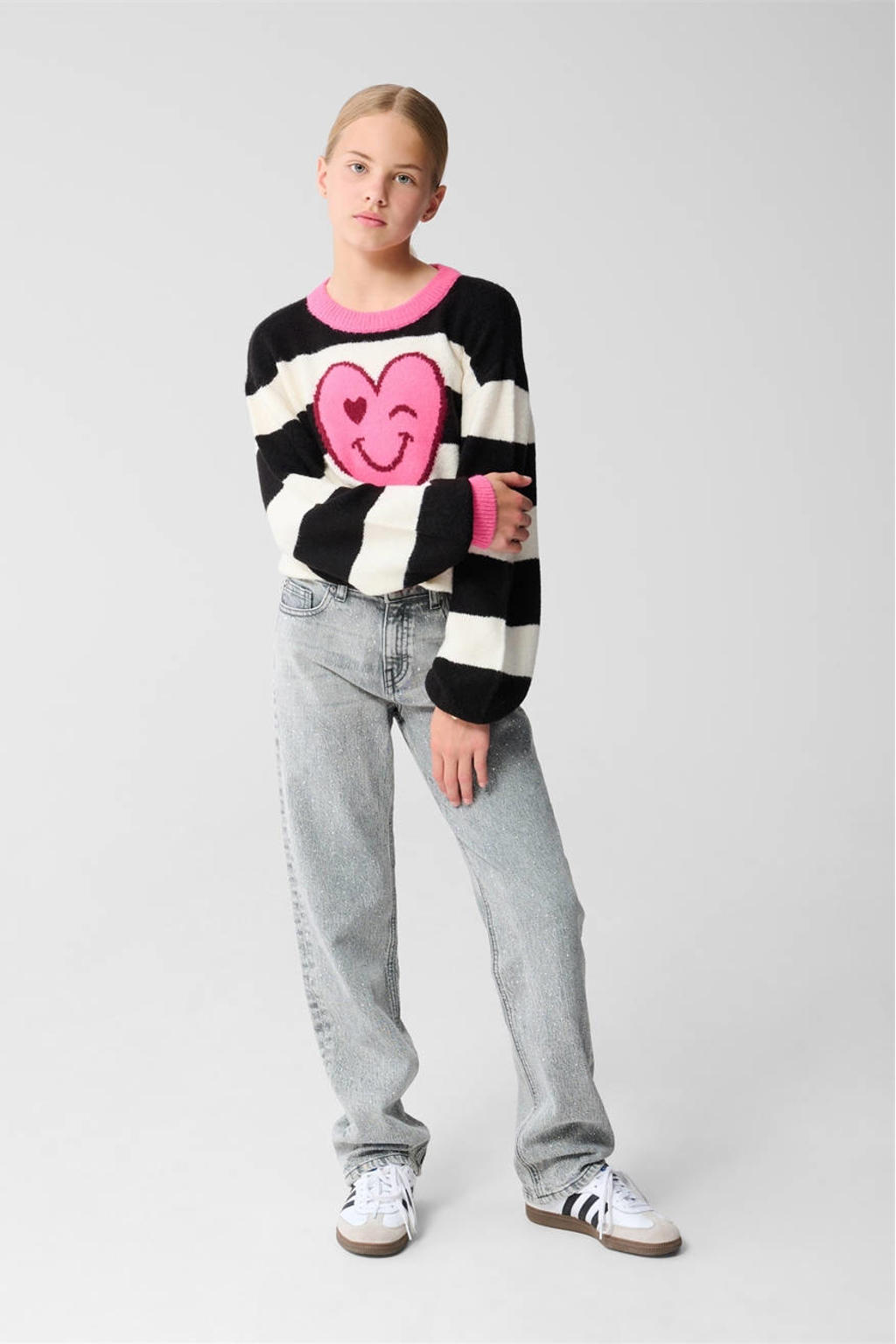 Grijze meisjes Shoeby straight high waist jeans steentjes van katoen met rits- en knoopsluiting en effen