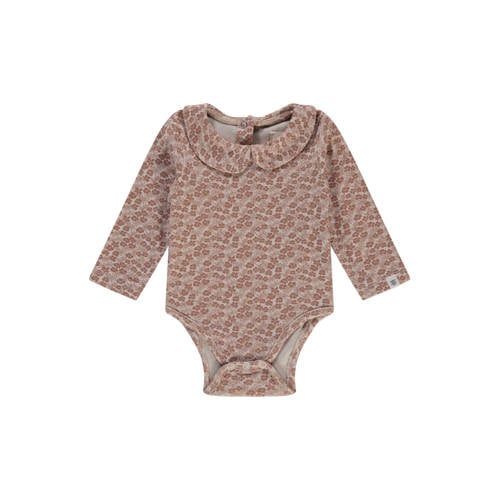 A Tiny Story romper met bloemen print bruin/beige Meisjes Stretchkatoen Peter Pan-kraag - maat 56 afbeelding