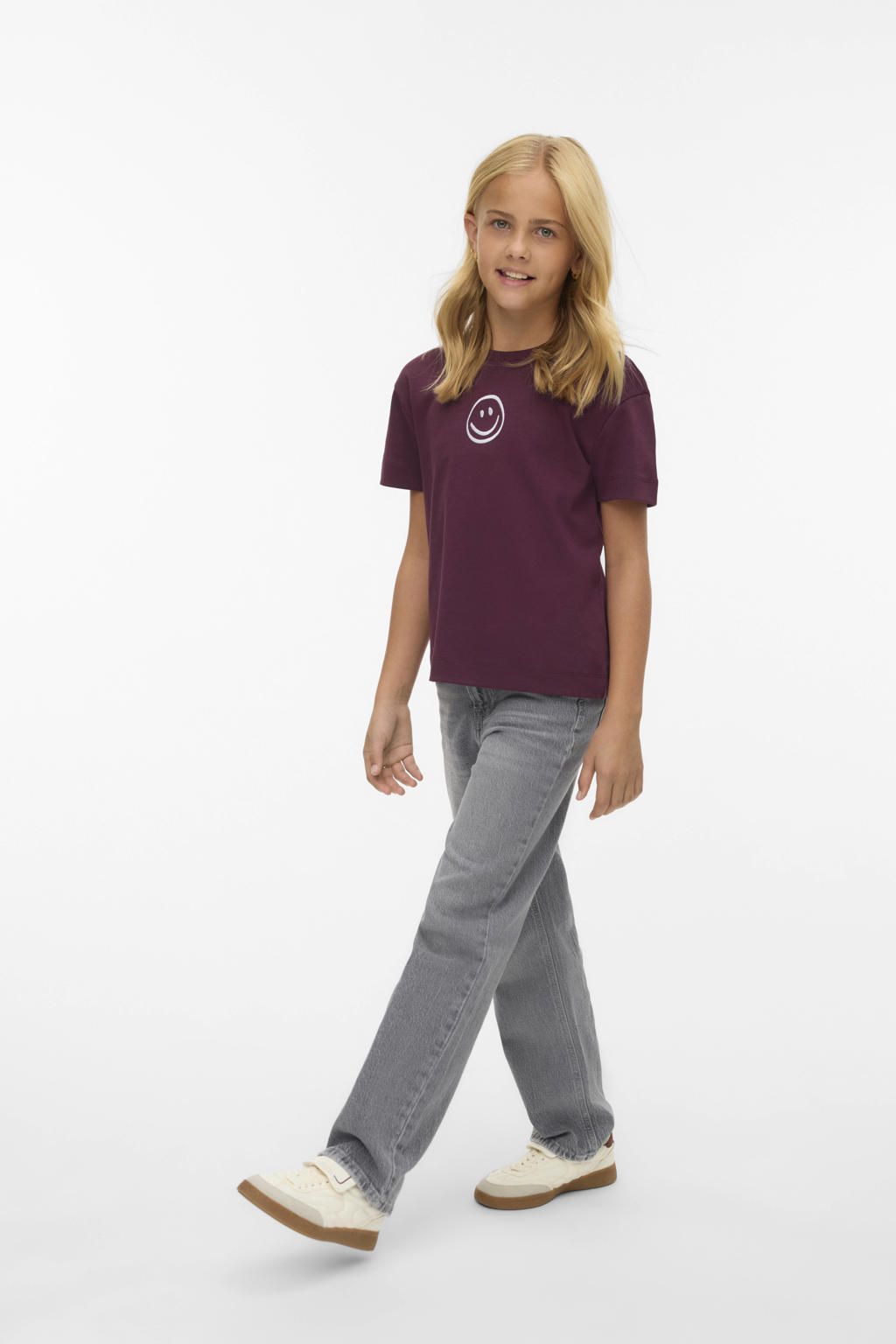 Grey denim meisjes VERO MODA GIRL high waist straight leg jeans van denim met rits- en knoopsluiting en effen