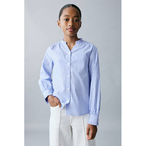 Mango Kids blouse lichtblauw Meisjes Katoen Opstaande kraag Streep - maat 140 afbeelding