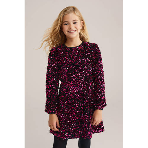 WE Fashion korte jurk met pailletten roze Meisjes Polyester Ronde hals