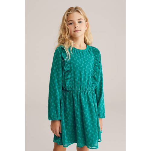 WE Fashion midi jurk met stippen groen Meisjes Polyester Ronde hals Stip - maat 146/152 afbeelding