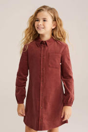 thumbnail: Donkerrode meisjes WE Fashion corduroy A-lijn jurk met effen, lange mouwen, klassieke kraag en knoopsluiting