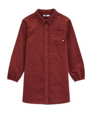 thumbnail: Donkerrode meisjes WE Fashion corduroy A-lijn jurk met effen, lange mouwen, klassieke kraag en knoopsluiting