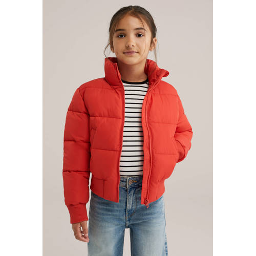 WE Fashion gewatteerde jas rood Meisjes Polyester Opstaande kraag Effen - maat 122/128 afbeelding