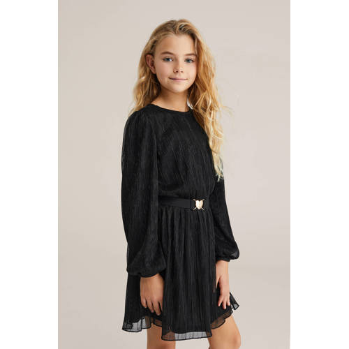 WE Fashion korte jurk met glitter zwart Meisjes Polyester Ronde hals Effen - maat 134/140 afbeelding