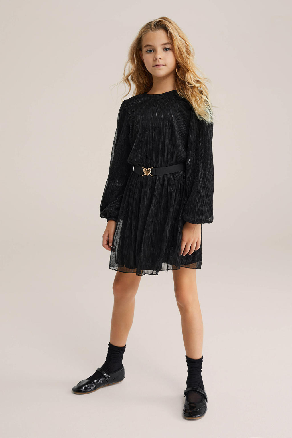Zwarte meisjes WE Fashion korte jurk van polyester met effen, lange mouwen, ronde hals, knoopsluiting en glitters