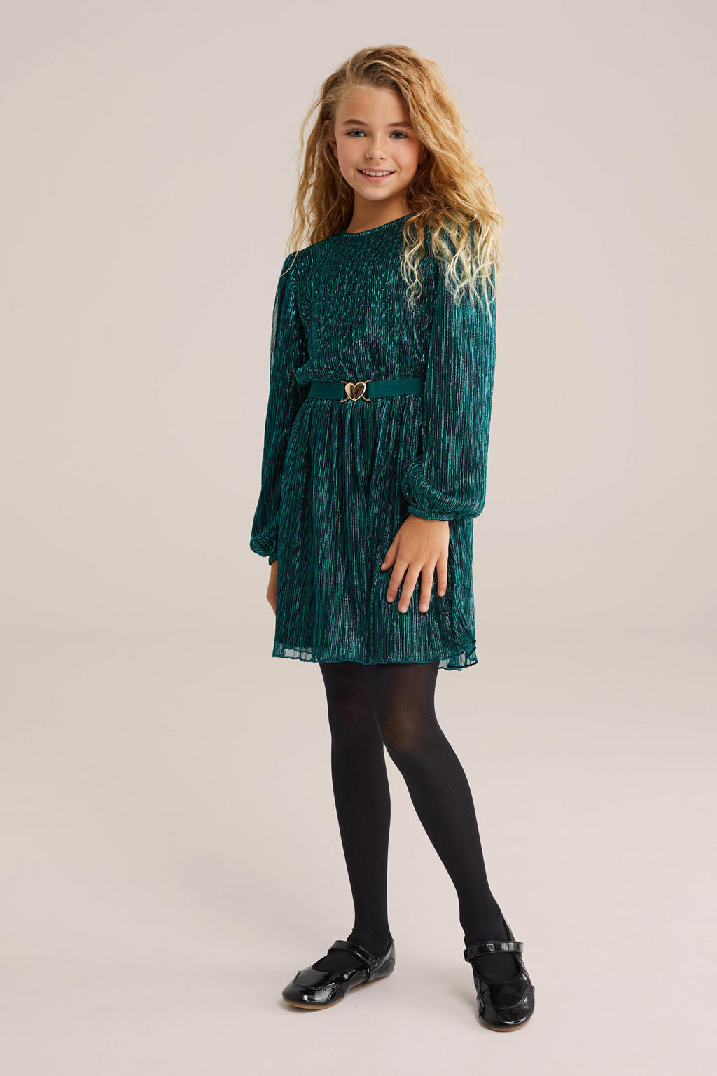 Groene meisjes WE Fashion korte jurk van polyester met meerkleurige print, lange mouwen, ronde hals, knoopsluiting en glitters