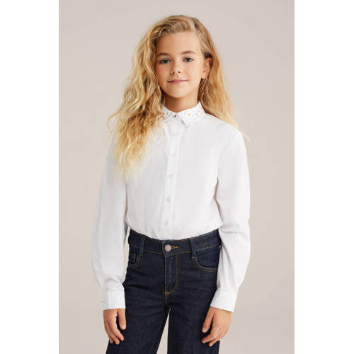 WE Fashion blouse wit Meisjes Katoen Klassieke kraag Effen - maat 122/128 afbeelding