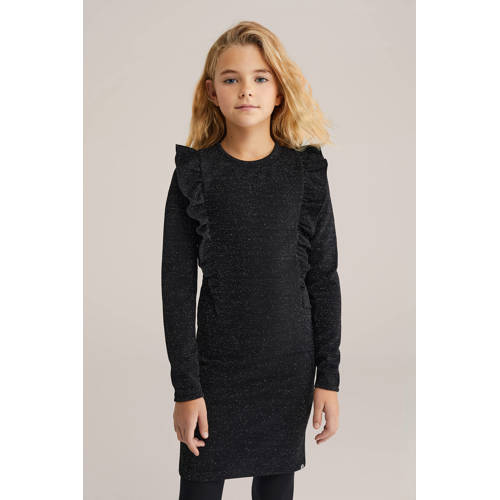 WE Fashion jurk met glitter zwart Meisjes Polyester Ronde hals Effen