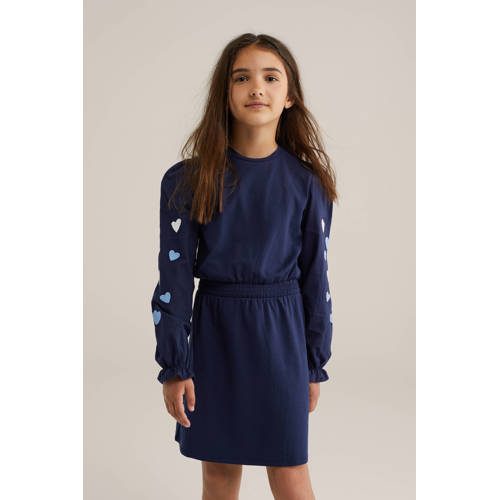 WE Fashion korte jurk donkerblauw Meisjes Stretchkatoen Ronde hals Effen - maat 158/164 afbeelding