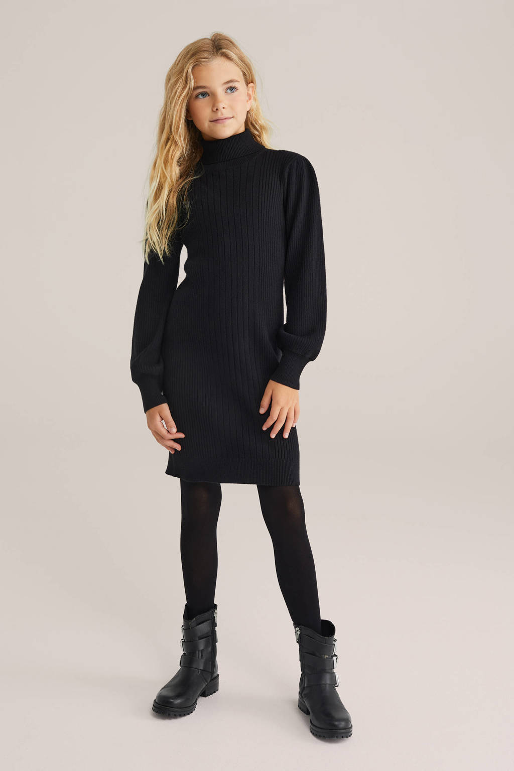 WE Fashion jurk met col rib gebreid zwart