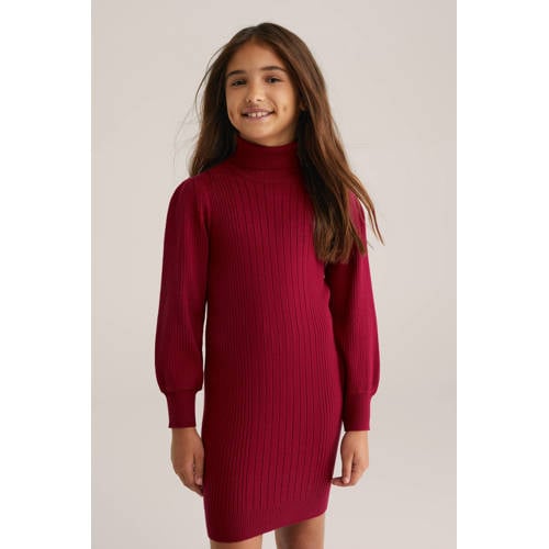 WE Fashion jurk met col rib gebreid donkerrood Effen