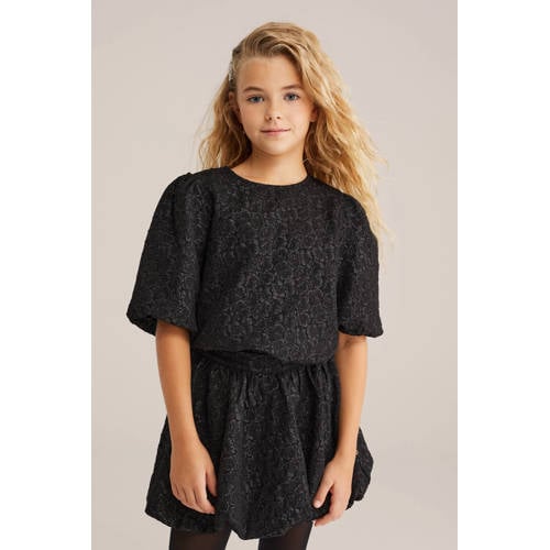 WE Fashion gebloemde blousetop zwart Meisjes Polyester Ronde hals Bloemen