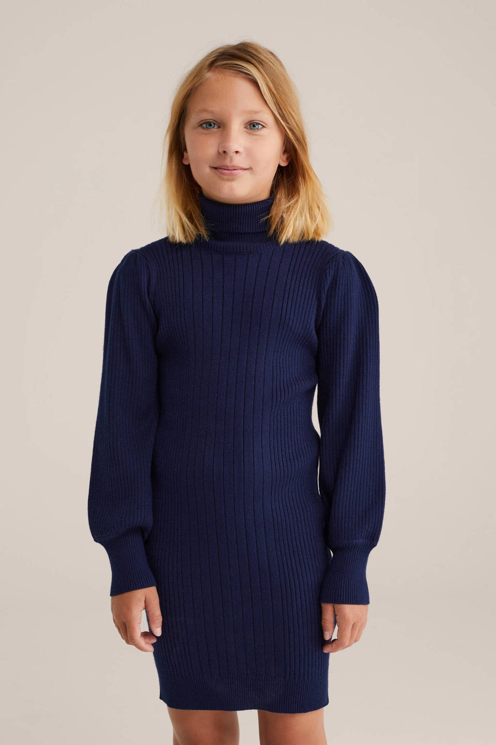 WE Fashion jurk met col rib gebreid donkerblauw