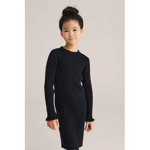 WE Fashion midi jurk rib gebreid zwart Meisjes Viscose Ronde hals Effen - maat 170/176 afbeelding