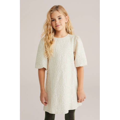 WE Fashion gebloemde korte jurk beige Meisjes Polyester Ronde hals Bloemen - maat 110/116 afbeelding