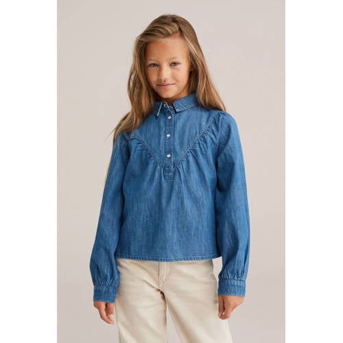 WE Fashion Blue Ridge denim blousetop medium blue denim Blauw Effen