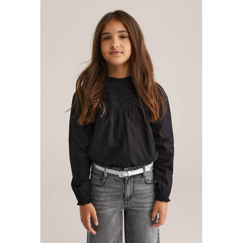 WE Fashion blousetop met stippen zwart Meisjes Katoen Ronde hals Stip