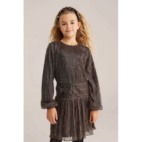 WE Fashion midi jurk bruin Meisjes Polyester Ronde hals Effen