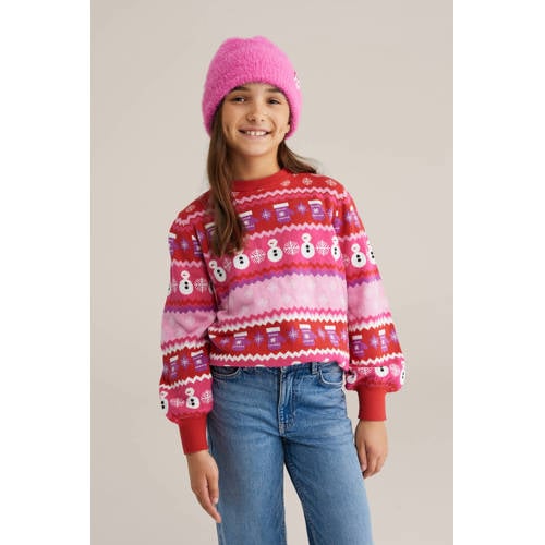 WE Fashion kersttrui rood fijn gebreid Meisjes Katoen Ronde hals All over print