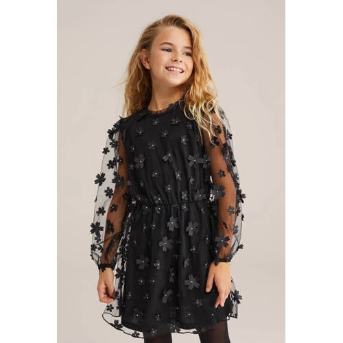 WE Fashion gebloemde korte jurk zwart Meisjes Polyester Ronde hals Bloemen - maat 158/164 afbeelding