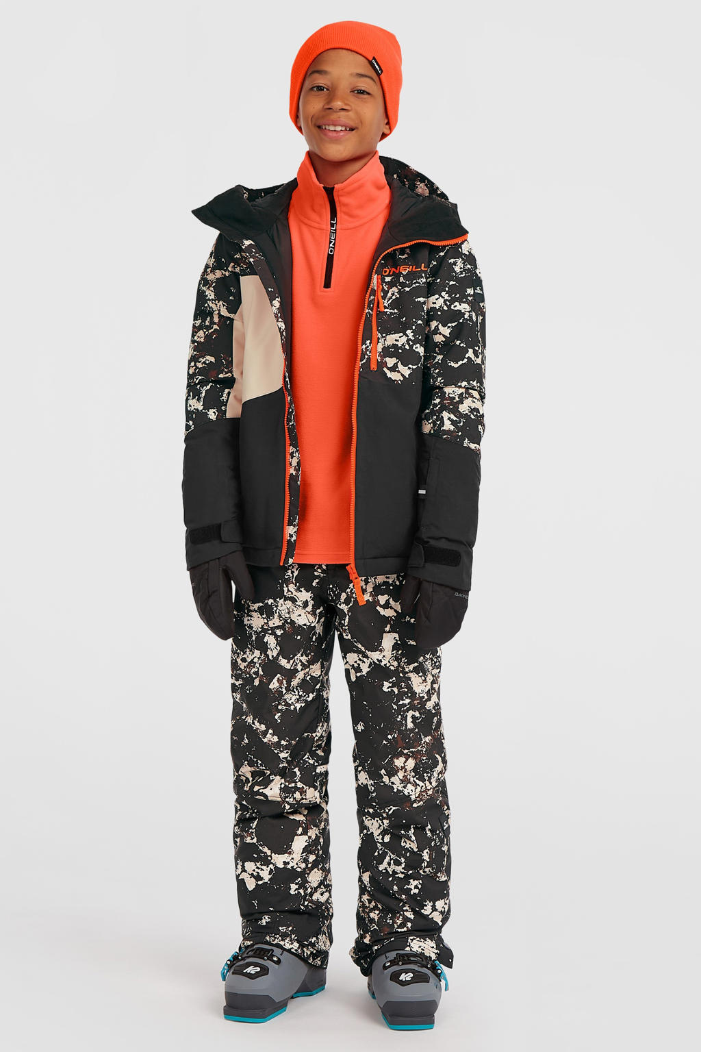 Zwart en ecru jongens O'Neill ski-jas FWC'Cruz Triple van polyester met effen, capuchon en ritssluiting