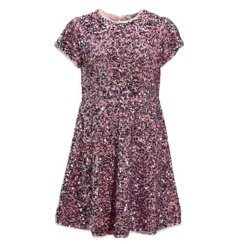 anytime A-lijn jurk met pailletten roze Meisjes Polyester Ronde hals Effen - maat 110/116 - glitter afbeelding