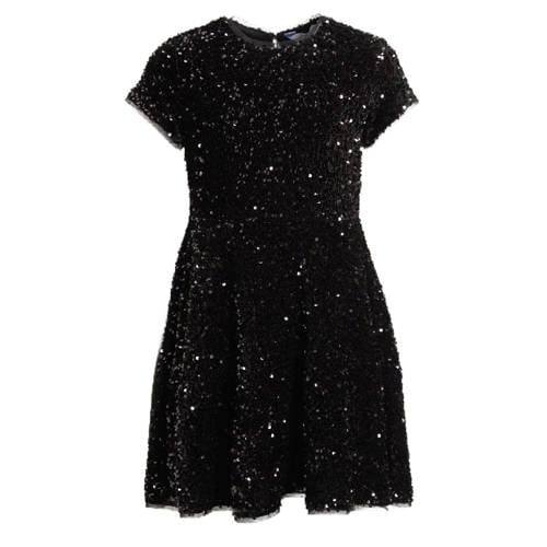 anytime A-lijn jurk met pailletten zwart Meisjes Polyester Ronde hals Effen - maat 158/164 - glitter afbeelding