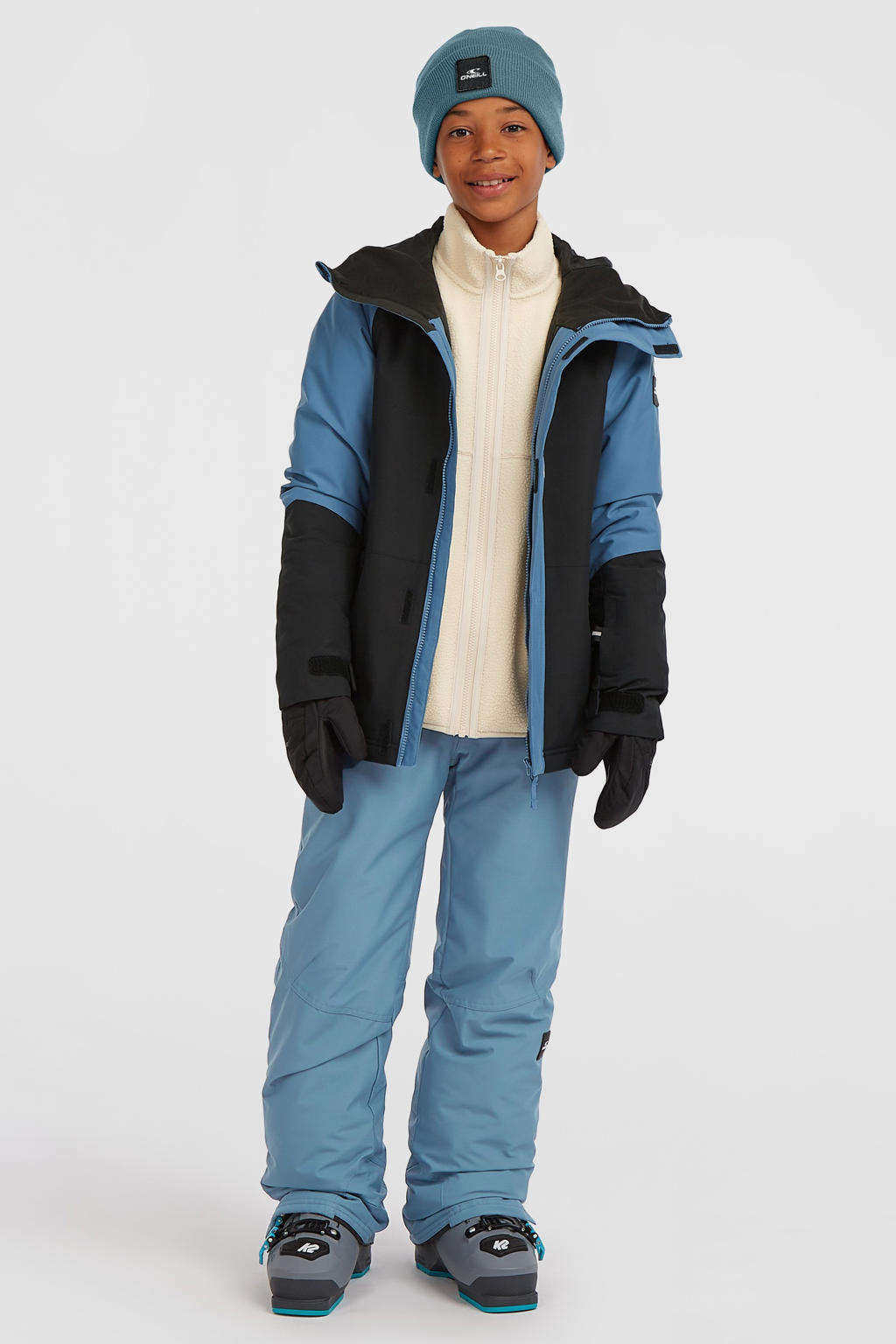 Zwart en blauwe jongens O'Neill ski-jas FWC'Play van polyester met effen, capuchon en ritssluiting