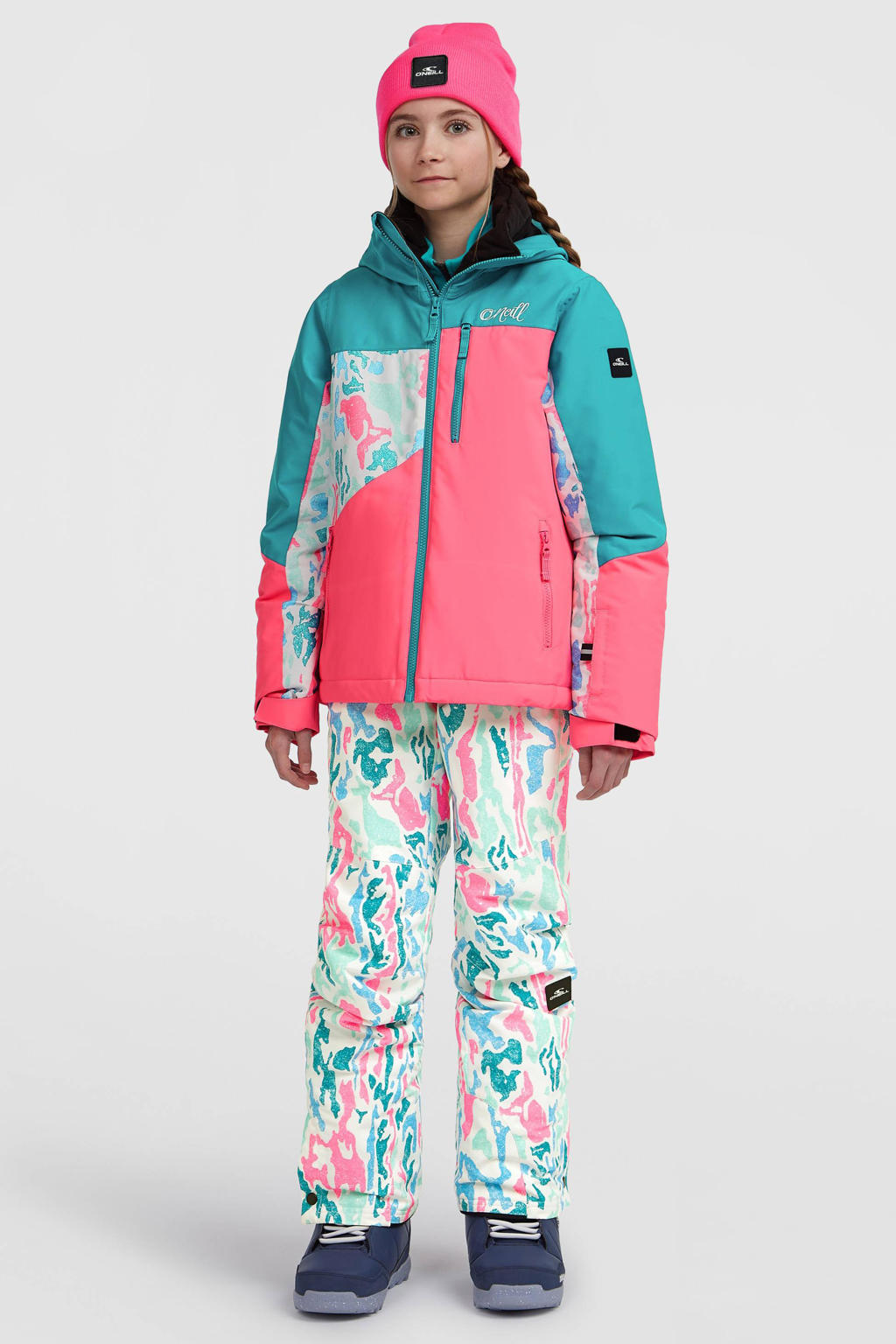 Roze, aqua en mintgroene meisjes O'Neill ski-jas FWC'Cruz Triple van polyester met meerkleurige print, capuchon en rits waterdicht